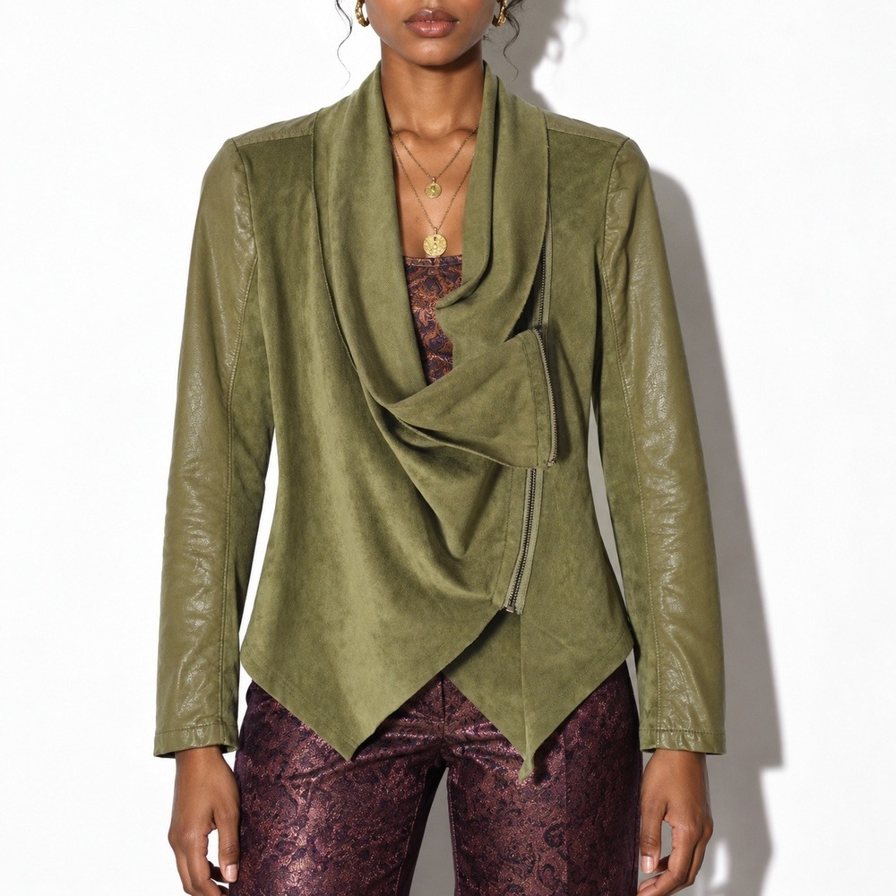 BLANKNYC Moto Jacket Womens XS Olive Green Faux Leather Waterfall Asymmetric Zip
